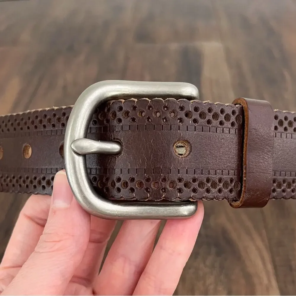 Laser Cut Belt Scallop Edge Bonded Leather Solid Brass Buckle Size Medium Brown